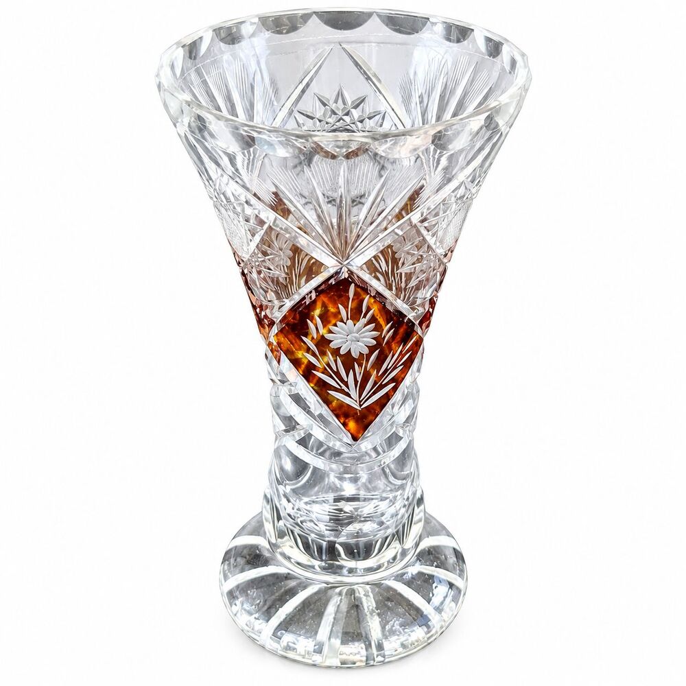 Vintage Amber Cut to Clear Crystal Footed Vase Engraved Floral Bohemian 6.5"